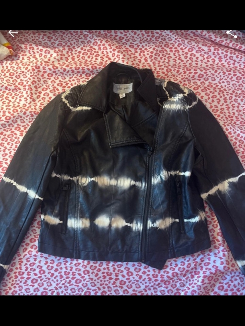 Tie-Dye Effect Black Leather Moto Jacket by Tribal Jean Size Small Petite
